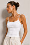 Women's White Slim Fit Crew Neck Strappy Crop Tank Top - 3