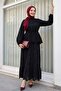Elastic Sleeves, Belted, Scalloped Lined Linen Look Suit - Black
