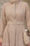 Shirt Collar Belted Plain Beige Dress - 2