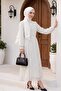 Lined, Elastic Waist, Polka Dot Patterned Long Chiffon Dress -White - 4