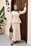 Elastic Sleeves, Belted, Scalloped Lined Linen Look Suit - Beige - 3