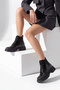 Women's Lace-Up Elastic Thick Heel Sport Short Combat Boots Kenvo Black Patent Leather - 2