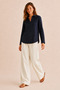 Women's Navy Blue V-Neck Long Sleeve Comfortable Fit Blouse Shirt - 3