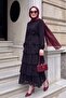 Half-Buttoned, Layered Skirt, Elasticated Sleeves, Belted Crinkle Dress - Black