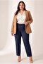 Elastic Waist Plus Size Gabardine Wide Leg Trousers Navy Blue - 4