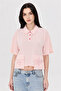 Women's Polo Collar Drop-Shoulder Summer Printed Cropped Blouse Powder