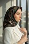 100% Twill Silk Scarf 90X90 Beige Emerald Green Ethnic Patterned Hand Stitched Women's Scarf - 3