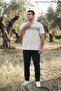 Men's Patterned Large Size Loose White Polo Neck T-Shirt - 3