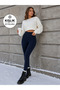 Women's Navy Blue Winter Fleece Inside High Waist Gathering Corset Interlock Steel Knitted Leggings - 2