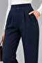 Women's Navy Blue Double Buttoned Pocketed Pleated High Waist Carrot Cut Stretch Fabric Fabric Trousers - 2