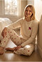 Ecru Raspberry Patterned Soft Winter Waffle Knitted Pajama Set - 8