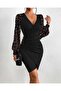 Women's Long-Sleeve Sequin Double-Breasted Collar Side Button Short Imported Crepe Dress - 3