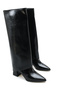Black Patent Leather Non-Removable Women's Boots with Gaiter Detail, 6 cm Heel, Pointed Toe, Zippered - 7