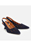 Women's Suede Leather Navy Blue Perforated Open Back Short Heeled Stiletto - 2