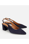 Women's Suede Leather Navy Blue Open Back Thick Heeled Shoes - 2