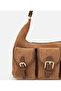 Women's Suede Leather Tan Pocket Buckle Shoulder Bag - 2