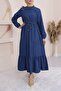 Long Denim Dress with Pearls on Shoulders and Elastic Waist - 4