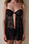 Black Floral Patterned Front Opening Underwire Babydoll - 3