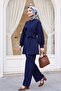 V-Neck Rose Brooch Belted Balloon Sleeve Pleated Elastic Waist Pants Dabıl Suit - Dark Blue - 5
