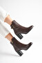 Women's genuine leather buckle heeled boots - coffee