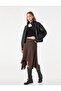 Slim Fit Asymmetrical Cut Midi Skirt with Flounce and Stitching Detail