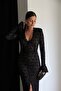 V-Neck Slit Detailed Padded Maxi Length Black Lace Dress - 4