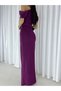 Imported Crepe Evening Dress with Shoulder Detail, Belt and Front Slit Detail (Color) - 4