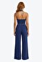 Navy Blue Viscose Basic High Waist Wide Leg Lace-Up Women's Trousers - 4