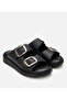 Women's Leather Black Belted Flat Slippers - 2