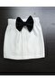 Girl's White Satin Black Bow Detailed Elastic Waist Skirt - 2