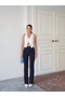 Women's Navy Blue Crepe Fabric Lycra Front Chiseled Flare Leg Palazzo Trousers - 5