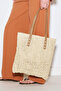 Patterned Wicker Shoulder Bag Beige