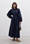 Premium Poplin Dress with Pleats Navy Blue - 2