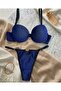 Glittery Navy Blue Supported Push up Bra Panty Set Underwear Set with Heart Accessories