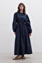 Premium Poplin Dress with Pleats Navy Blue - 5
