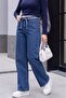 Wide Leg Belted Zippered Jeans - Dark Blue