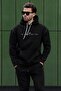 Black Hooded Embroidery Detailed Men's Sweatshirt with Pockets 7066