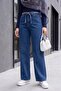 Wide Leg Belted Zippered Jeans - Dark Blue - 4