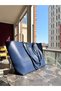 Women's Navy Blue Large Size Faux Leather Shoulder Bag Tote Shopper Bag – Daily Use - 3