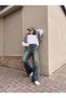 Wide Leg High Waist Side Stripe Vintage Washed Denim Trousers - 2