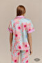 Psychedelic Flora Women`S Satin Pajama Set Large Floral Print Short Sleeve Neon - 3