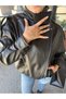 Women's Stand Collar Soft Leather Oversized Bomber Jacket - 7