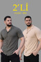 Men's Waffle Woven Open Collar Buttoned Regular Fit 2-Piece Shirt Set - Khaki - Beige