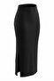 Women's Black Ribbed Medium Thick Knitted Slim Fit Double Slit Long Casual Pencil Skirt