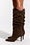 Zinnia Women's Brown Suede Bellows Pointed Toe Thin Heeled Below the Knee Gathered Slouchy Boots - 3