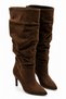 Zinnia Women's Brown Suede Bellows Pointed Toe Thin Heeled Below the Knee Gathered Slouchy Boots - 6
