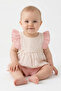 Baby Girl Ecru Pink Ruffled Sleeves, Scallop Bow, Patterned Shorts, Muslin 2-Piece Set