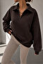 Women's Brown Polo Neck Oversized 3 Thread Brushed Inside Sweatshirt - 4