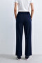 Women's Buttoned Elastic Waist Loose Trousers - Navy Blue - 3