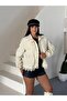 Women's Cream Lace Detailed High Neck Buttoned Jacket with Lace-Up Waist - 4